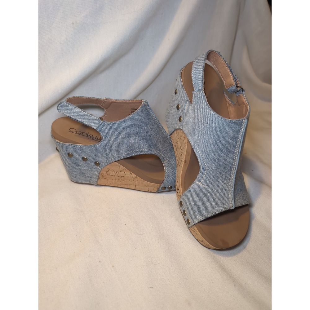 Corkys Wedge Slingback Sandals Blue Denin Studded Open Toe Women's Size 8